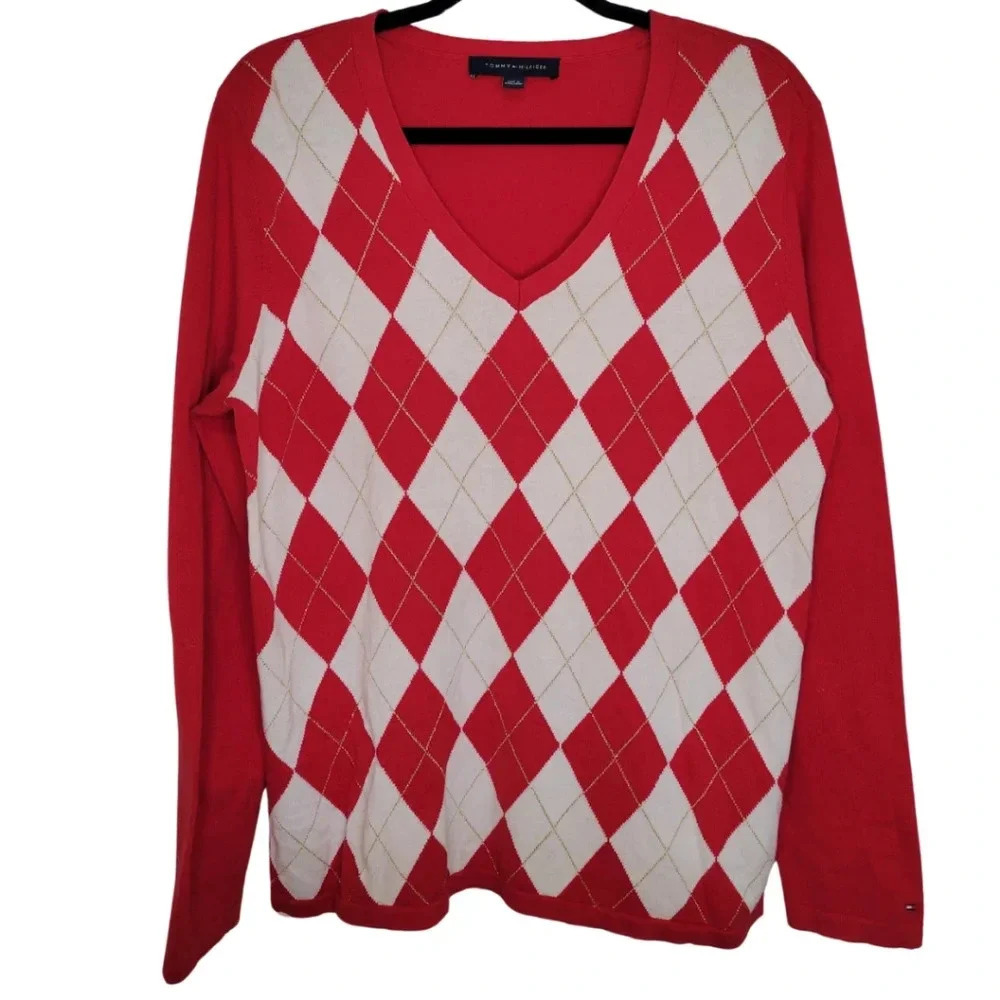 Tommy Hilfiger Red White Diamond Print Pullover Sweater V-Neck Women's Size L